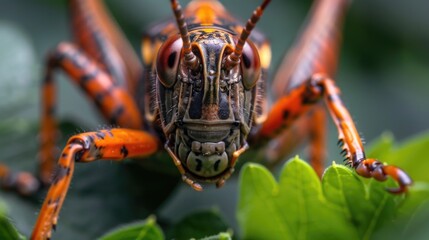 Poster - Close-up photo of a grasshopper sitting on a leaf, with detailed texture and natural environment