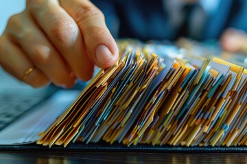 Aufkleber - A person holds a stack of folders on a table, ready to work