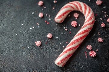 Poster - A single candy cane sits on a table, perfect for holiday decorations or as a prop in festive scenes