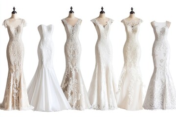 Poster - A row of wedding dresses displayed on mannequins, ideal for fashion or wedding inspiration
