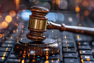 Poster - A wooden gavel resting on top of a standard computer keyboard, ready for use