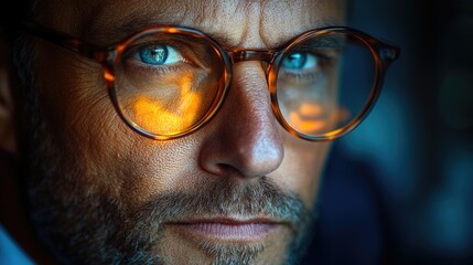 Poster - A close-up shot of a person wearing glasses, looking directly at the camera