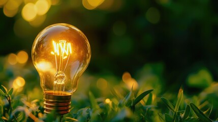 Poster - A single light bulb sits atop a vibrant green field, ready for use or decoration