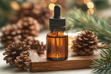 Poster - A bottle of essential oil sits beside pinecones on a rustic surface