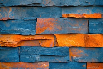 Poster - A close-up shot of a stone wall with vibrant orange and blue paint, perfect for decorating or design inspiration