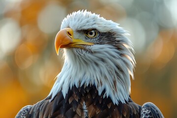 Poster - A close-up view of a bald eagle's face, with a blurred background