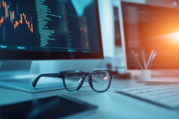 Poster - A pair of glasses sits next to a computer on a desk, ideal for use in office or home settings