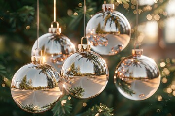 Aufkleber - A festive scene with Christmas ornaments hanging from a tree