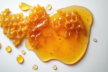 A picture of honeycomb and honey on a white table, perfect for food or nature related themes