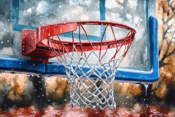 Poster - A whimsical illustration of a basketball hoop in soft watercolor hues