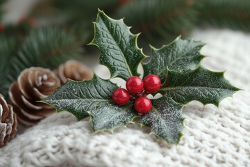 Poster - A detailed view of a holly leaf surrounded by pine cones