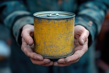 Poster - A close-up shot of a person grasping a can, likely containing food or drink