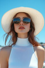 Wall Mural - A woman wearing a white hat and sunglasses posing confidently