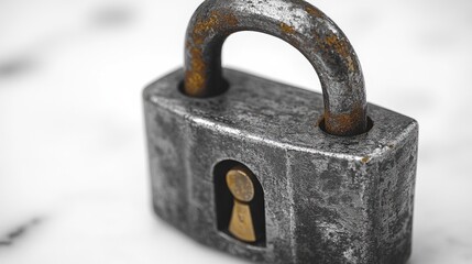 Poster - A metal padlock with a key inserted into the lock, ready for use