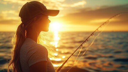 Poster - A woman is fishing in the ocean at sunset