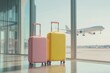 © Premium AI - Colorful luggage waiting at airport as airplane takes off in background