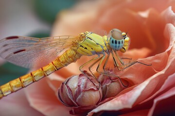 Wall Mural - A close-up shot of a yellow dragonfly perched on the petals of a bright pink flower,