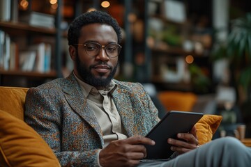 Poster - A person sitting on a couch using a tablet computer, great for digital lifestyle and technology related concepts