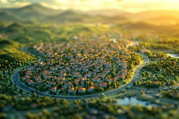 Poster - Aerial view of a small town amidst lush greenery, perfect for landscape and travel photos
