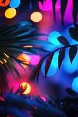 Poster - A close-up shot of a plant with vibrant lights in the background, ideal for use in designs and illustrations where a pop of color is needed