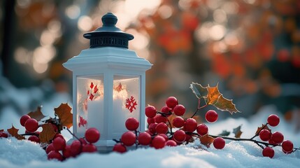 Poster - A white lantern stands out in a snowy landscape surrounded by red berries, great for winter scenes and festive occasions