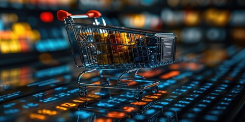 Poster - A shopping cart placed on top of a keyboard with various keys and symbols visible