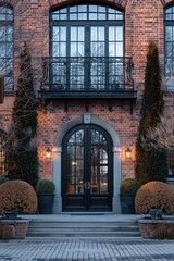 Poster - A traditional-style brick building with a black door and windows, suitable for various uses such as architecture or design