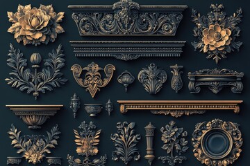 Poster - a collection of decorative patterns and motifs on a dark, solid-colored surface