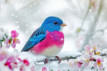 Aufkleber - A bird sits on a snowy branch, its feathers displaying shades of blue and pink
