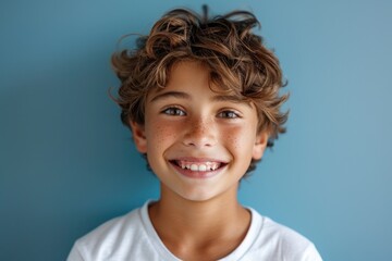 A happy young boy smiling directly at the camera, with curly hair and a friendly expression