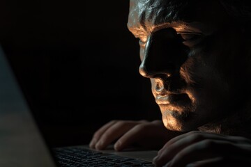 Poster - A person typing away on their laptop in a dimly lit environment, with no distractions