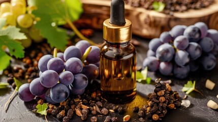 Poster - A bottle of essential oil placed among fresh grapes and nuts, perfect for natural health remedies or wellness products