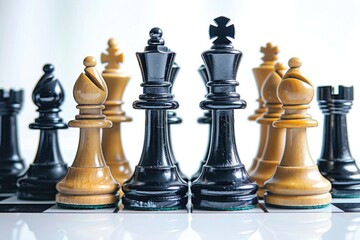 Poster - Group of chess pieces on a classic chess board, ideal for business or game-related illustrations