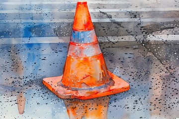 Poster - Watercolor illustration of a bright orange traffic cone on white background