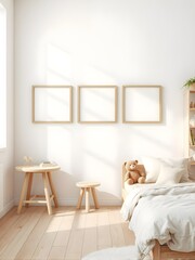 children's room interior, three blank wooden edge frames on white wall, wooden floor, table, bed, bookshelf, teddy bear, scandinavian style design