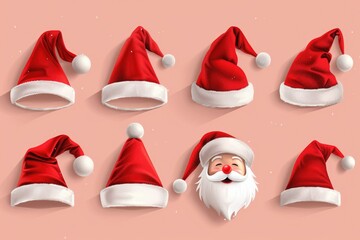 Canvas Print - Collection of festive accessories with Santa hats and beards on a bright pink background, great for holiday or winter-themed designs