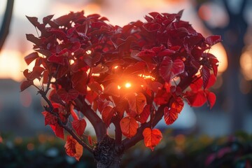 Poster - A unique tree shape resembling a heart, illuminated by the warm glow of sunset