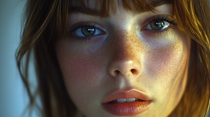 Aufkleber - A close-up shot of a woman's face showing off her freckles, useful for beauty and lifestyle images