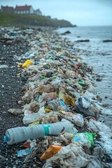 Poster - A pile of trash found on a beach next to the ocean