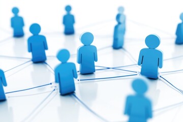 A group of blue humanoid robots connected by wires and cables, possibly in a laboratory or technology setting
