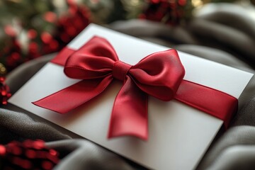 Poster - A beautifully wrapped gift box with a red ribbon and bow