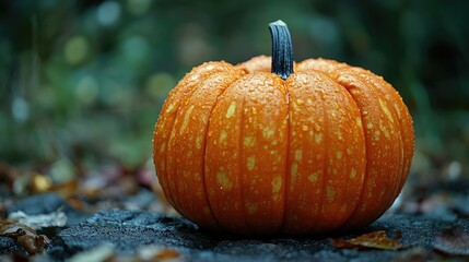 Wall Mural - A single small orange pumpkin sitting on the ground