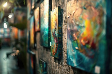 Poster - A collection of framed artworks adorns the wall, showcasing various painting styles and techniques