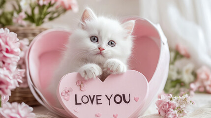 Wall Mural - Fluffy white kitten in pink heart-shaped box with love message surrounded by flowers