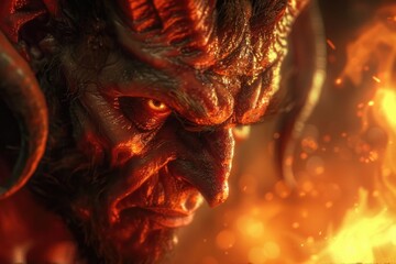 Poster - A close-up shot of a demon with flames burning bright behind it