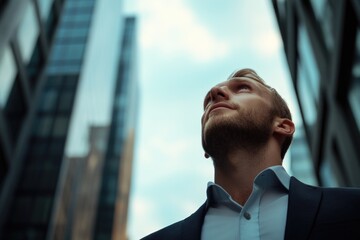 Poster - A businessman in a suit looks up at the sky, perhaps contemplating his future or waiting for inspiration