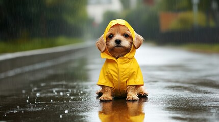 Poster - A cheerful small dog wearing a bright yellow raincoat sits in the rain on a wet street, with a blurred background and space for text. Generative AI
