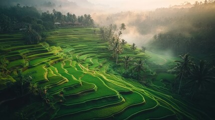 Sticker - The first light of day reveals the green terraced rice paddies in a serene mountain valley.