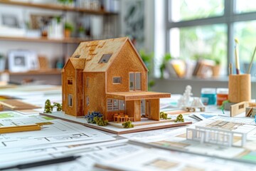 Aufkleber - A miniature model of a house sits atop a table, perfect for displays or decorative purposes