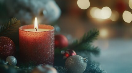 Poster - A lit candle surrounded by Christmas decorations